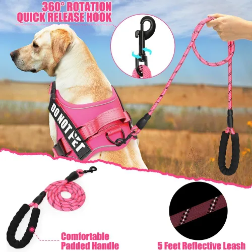 Vista 5 de Juego de Arnés y Correa para Perro, Chaleco Reflectante para Perro de Servicio Animire con 10 Parches, 3 Anillos Sin Asfixia Chaleco para Mascotas