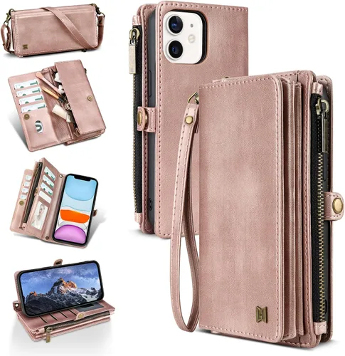 Vista 41 de Funda tipo cartera para iPhone 16 Pro Max con 8 tarjeteros, bloqueo RFID, piel sintética, función atril, abatible, correa de muñeca y correa