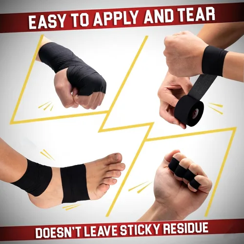 Vista 2 de Cinta atlética negra extremadamente resistente: 3 rollos + 1 rollo de dedo. Fácil de aplicar y sin residuos. Cinta deportiva atlética para boxeo
