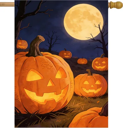 Vista 5 de Bandera de Halloween de Halloween con diseño de calabaza de murciélago y luna, cementerio, jardín, patio, 12 x 18 pulgadas, doble cara decorativa