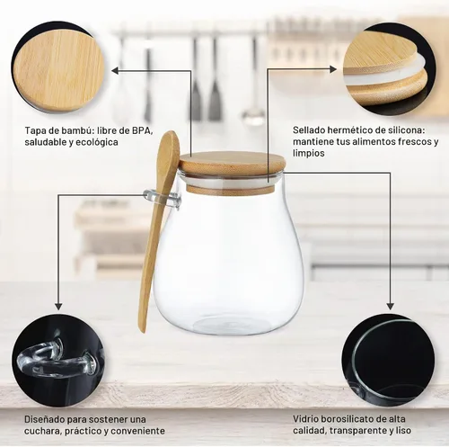 Vista 5 de Joeyan Tarro de vidrio con tapa hermética de bambú y cuchara adjunta, recipiente para condimentos de especias de azúcar y sal de 12 onzas, olla 2