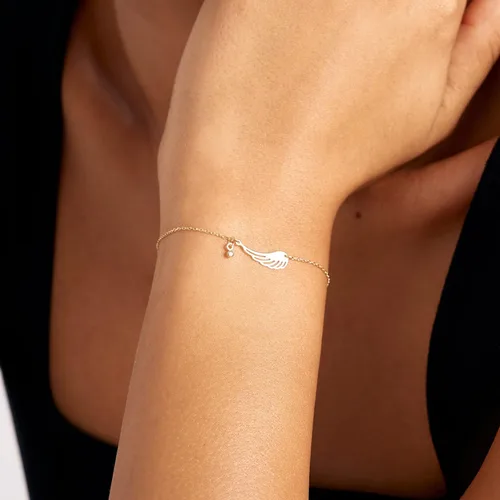 Vista 3 de Pulsera de ala de ángel de diamantes para mujer, pulseras con dije de ala de oro real de 14 quilates, pulseras delicadas de oro macizo de 14