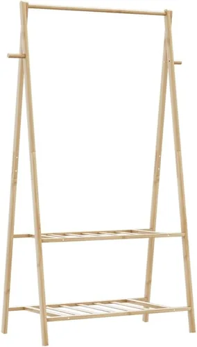 Vista 6 de Bamboo Clothing Rack, Varnished Finish, Adjustable Shelves, Foldable Garment Hanger for Bedroom Storage