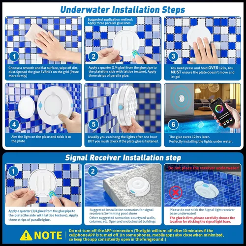 Vista 2 de Luz de piscina, 6 pulgadas, 25 LED RGB sumergible luz flotante Bluetooth APP Control, 4000mAh Rechargeable, IP68 Waterproof, Magnetic Mount, Above