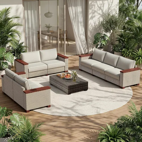 Vista 14 de PaPaJet Sofá de dos plazas para exteriores, sofá de mimbre con reposabrazos y patas sólidos, cojín de 4.7 pulgadas de grosor, sofá modular