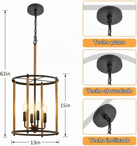 Vista 2 de Luvkczc Candelabro de 4 Luces, Luz de Techo Estilo Granja, Lámpara de Linterna Negra Accesorios de Iluminación con Jaula de Cuerdas, Altura