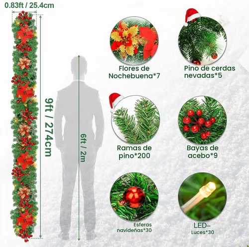 Vista 2 de Guirnalda de Navidad, guirnalda de Navidad con luces, funciona con pilas, 9 pies, de ratán, flores artificiales y vid artificiales de Navidad