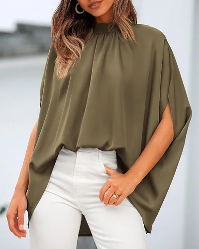 Vista 74 de BTFBM Blusas de verano para mujer, cuello alto falso, manga murciélago, holgadas, dobladillo alto y bajo, blusas informales de gran