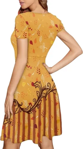Vista 3 de Vestido de Halloween para mujer, manga corta, acampanado, vestido de cóctel, color naranja