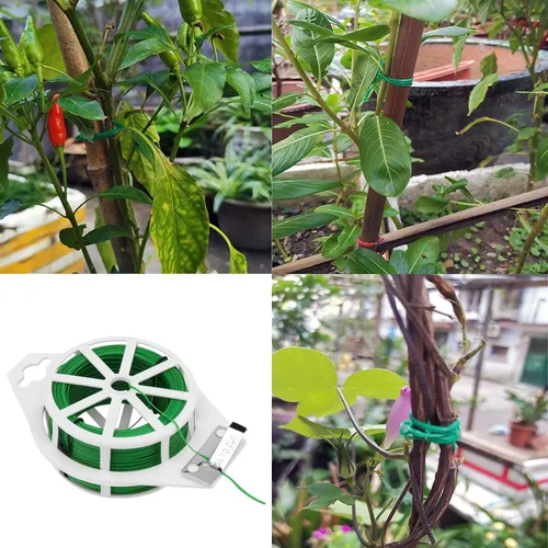 Vista 6 de JEUIHAU 6 carretes de 328 pies, lazos verdes para plantas, alambre floral verde, lazos de alambre de metal recubierto de plástico con cortador