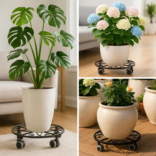 Vista 6 de Pack de 3 organizadores para plantas con ruedas de alta resistencia de 13.5 pulgadas, soporte metálico con ruedas, plataforma rodante para plantas