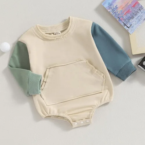 Vista 24 de Mameluco de manga larga con bloques de color para bebé, niño, niña, con bolsillo, cuello redondo, sudadera básica para otoño e invierno