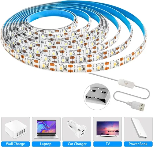Vista 4 de Tira de luces LED de 5V USB 9.84 pies, 3500K blanco cálido, tira de luces LED flexible impermeable de SMD2835 con 180 LEDs, regulable, luz de tira