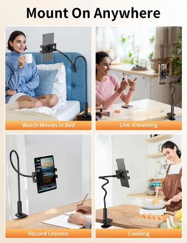 Vista 9 de bokilino Soporte para tablet de cuello de cisne para cama, ajustable, flexible, de brazo largo, abrazadera de montaje en la mesa, compatible