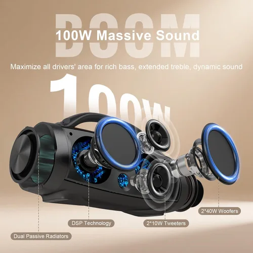 Vista 3 de DOSS Extreme Boom+ Altavoz Bluetooth para exteriores con sonido estéreo de 100 W, graves extra, 20 horas de reproducción, luces LED Party-Sync