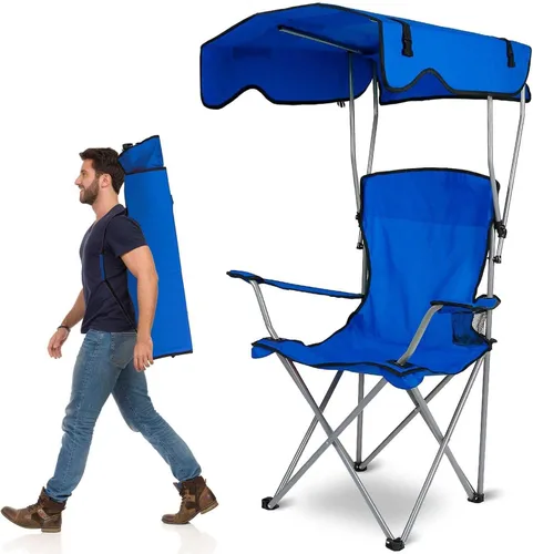Vista 10 de TeqHome Silla de campamento con toldo de sombra, silla de césped plegable resistente con soporte para tazas, protección solar UPF 50+, silla
