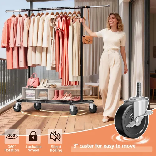 Vista 3 de Perchero resistente – Carga de 500 libras, perchero con ruedas y estantes con cerradura, estante extensible para dormitorio, lavandería, sala