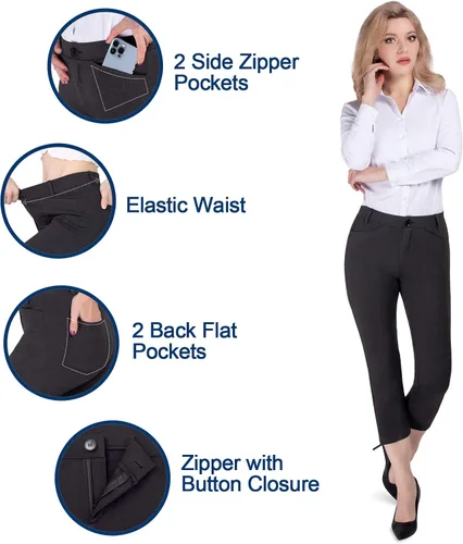 Vista 2 de PUWEER Pantalones capri para mujer, elegantes, casuales, elásticos, rectos con bolsillos
