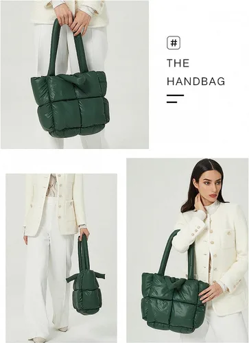 Vista 6 de Bolsa grande acolchada, de algodón, acolchada de moda, para mujer, bolsa de hombro suave, bolsa de nailon con almohada de plumón