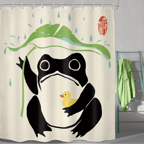 Vista 18 de Juego Divertido de Cortina de Rana Retro para Ducha, Juego de Baño 48x71 Pulgadas, Estilo Asiático Lindo, Arte Japonés Tradicional de Pato de Goma
