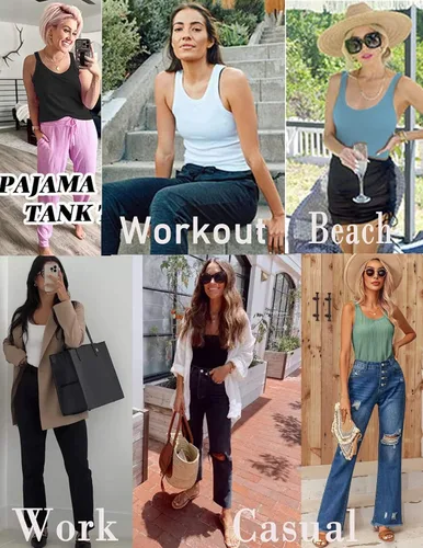 Vista 5 de Ekouaer 2 PCS Women Rib Knit Tank Top Scoop Neck Ribbed Basic Sleeveless Pajama Top