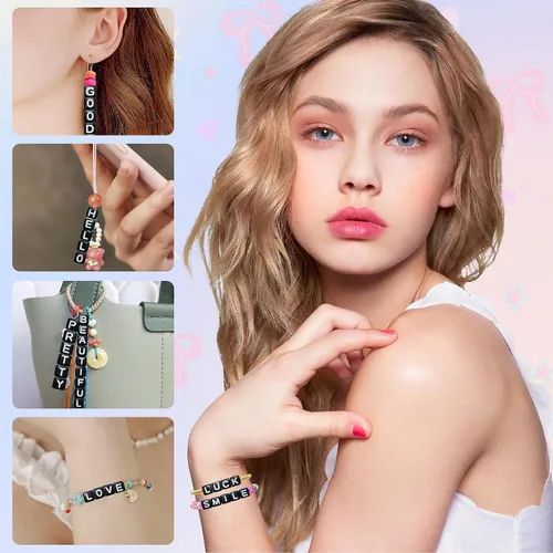 Vista 5 de Looconi 800 cuentas de letras negras cuadradas de 0.236 in de acrílico para hacer joyas DIY collar pulsera