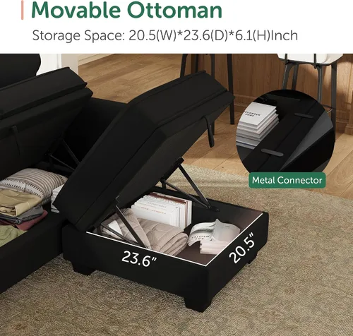 Vista 6 de HONBAY Sofá modular convertible con almacenamiento en forma de U con diván reversible para sala de estar, negro medio negro (Mid Black)