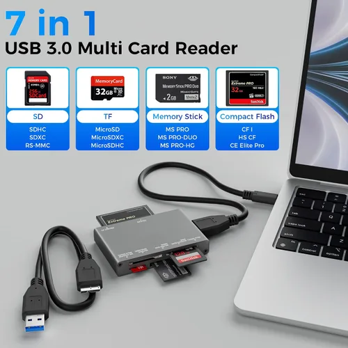 Vista 2 de Lector de tarjetas de memoria múltiple 7 en 1, lector de tarjetas SD USB 3.0 (5Gbps) Lectura simultáneamente 7 tarjetas para tarjeta de memoria