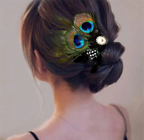 Vista 5 de Aliotech Clip de pelo de plumas de pavo real mariposa con diamantes de imitación de perlas artificiales, 5.2*3.1 in - Accesorio para el cabello
