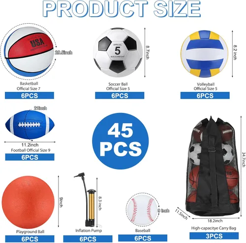Vista 2 de Liliful Juego de 36 pelotas deportivas surtidas a granel para fútbol, fútbol, patio, baloncesto, voleibol, béisbol con bolsa de equipo para niños