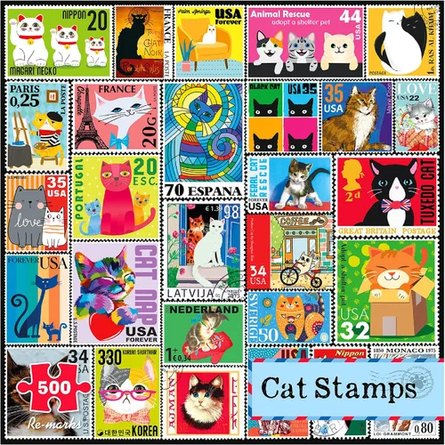 Vista 8 de Re-marks Rompecabezas de collage de sellos de gato, rompecabezas de 500 piezas grandes para todas las edades