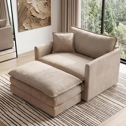 Vista 31 de Sofá individual modular de chenilla con otomana, sofá nube con almohada, color beige
