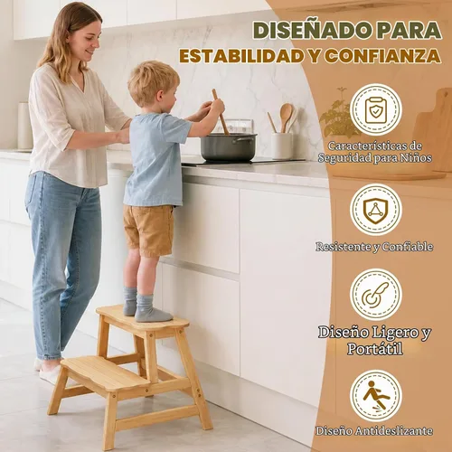 Vista 5 de COSYLAND Taburete para niños pequeños, baño, cocina, taburete de 2 pasos Natural