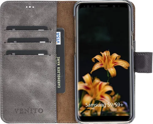 Vista 4 de Venito Florence - Funda de piel compatible con Samsung Galaxy S9, extra segura con bloqueo RFID, cartera desmontable para teléfono (gris decolorado)