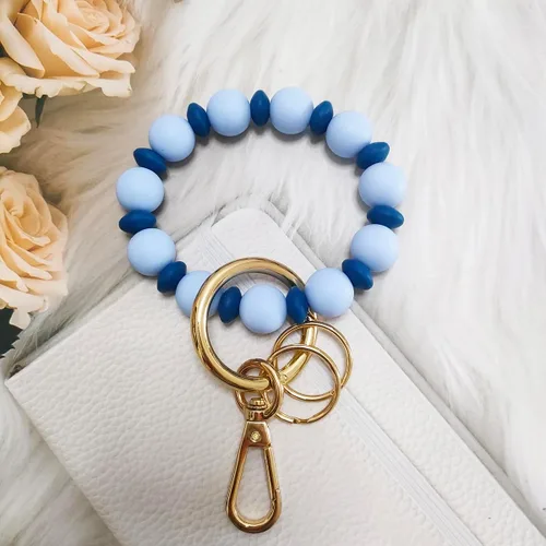 Vista 6 de Junyuerly Pulsera Llavero de Silicona con Cuentas para Mujeres, Brazalete Elástico con Anillo de Llaves Cuenta azul