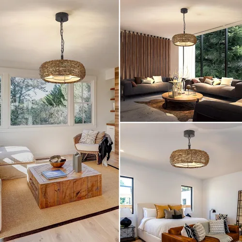 Vista 2 de Candelabro de ratán boho con ventilador de techo, canasta tejida a mano estilo granja con ventilador de techo, altura ajustable para isla de cocina