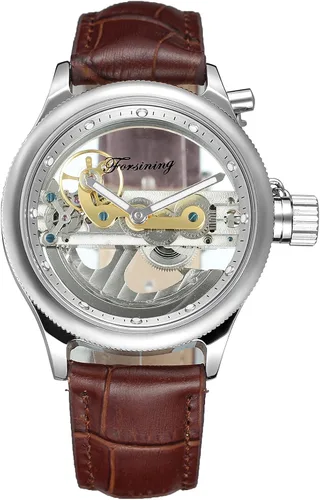 Vista 2 de FORSINING Reloj de esqueleto con correa de piel auténtica, diseño único de lujo, movimiento automático, estilo popular