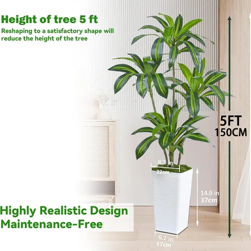 Vista 2 de Árbol de Dracaena artificial de 5 pies, plantas falsas altas para Maceta alta blanca