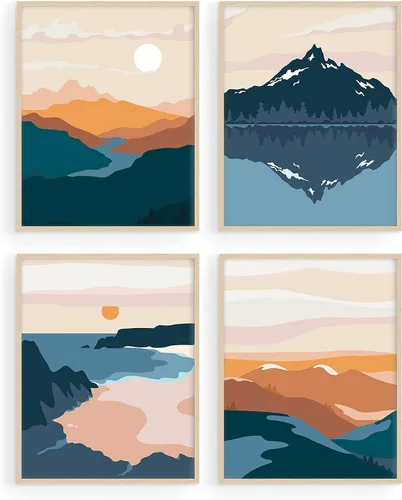 Vista 21 de HAUS AND HUES Arte de pared de montaña – Juego de 4 decoración de paisaje moderno de mediados de siglo, naturaleza y arte moderno Marco beige de 8