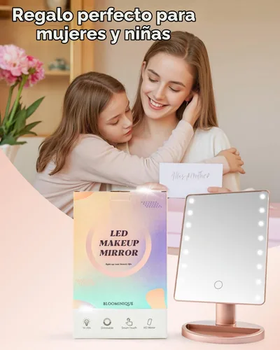 Vista 8 de Espejo de maquillaje iluminado con luces, espejo de tocador con luces, 16 luces LED, espejo de escritorio regulable con luz, fuente de alimentación