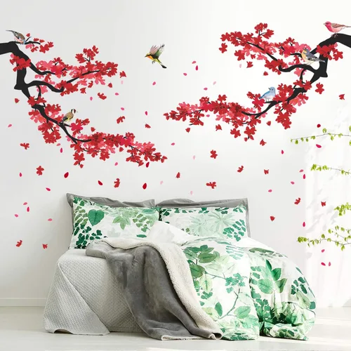 Vista 8 de Calcomanías románticas de pared de flores rojas 3D, ramas de árbol florales de ciruela, calcomanías de pared para bricolaje, flores de cerezo