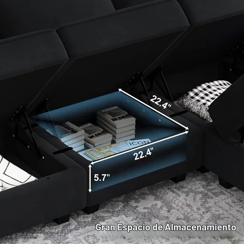 Vista 5 de Belffin - Sofá modular de terciopelo con asientos de almacenamiento, sofá de 3 plazas para sala de estar, color negro