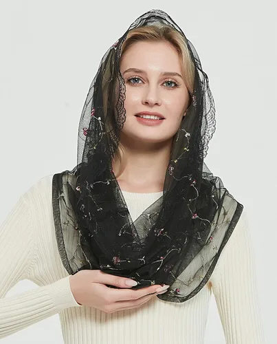 Vista 4 de Leimandy Velo ortodoxo que cubre la cabeza con flores bordadas capilla católica Mantilla velo V50