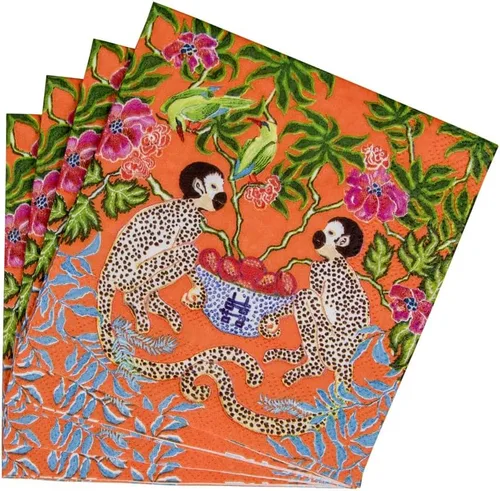Vista 5 de Caspari Servilletas de cóctel de papel Monkeys en naranja, 20 por paquete