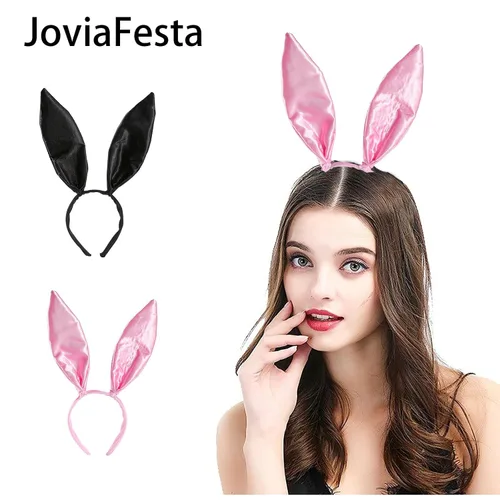 Vista 4 de JoviaFesta Xtraokute - Diadema de orejas de conejo rosa para Halloween, fiesta de disfraces de satén, banda para el pelo para fiesta de cosplay