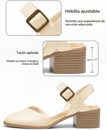Vista 5 de Coutgo Zapatos de vestir de tacón bajo y grueso para mujer, con puntera cerrada, con correa de tobillo ajustable Beige