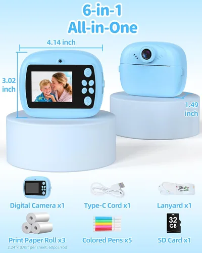 Vista 8 de Cámara de impresión instantánea para niños, cámara instantánea de video 1080P para niños con tarjeta SD de 32 GB, cámara de juguete, regalo de Azul