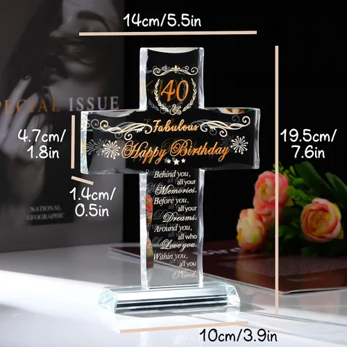 Vista 5 de Regalos de 40 cumpleaños para mujeres y hombres, soporte de cruz de vidrio grabado con 40 y fabulosos regalos religiosos para ella, ideas de regalos
