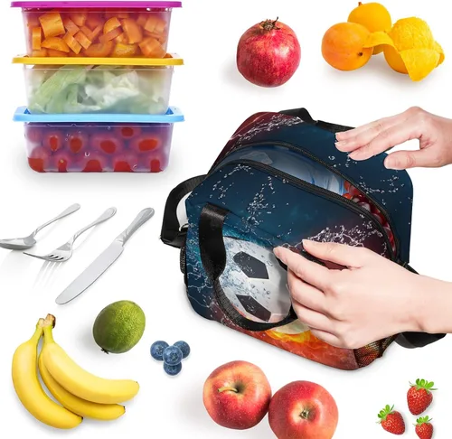 Vista 2 de Bolsa de almuerzo de fútbol con aislamiento, bolsa de comida de gran capacidad para niños, mujeres y hombres, bolsa enfriadora, impermeable, correa