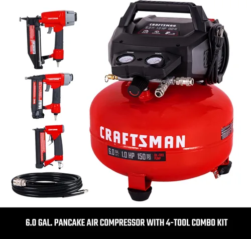 Vista 8 de Craftsman Compresor de Aire Tipo Panqueque de 6 Galones Kit Combo de 4 Herramientas, 150 PSI, Libre de Aceite, Incluye Clavadora de Acabado 16GA